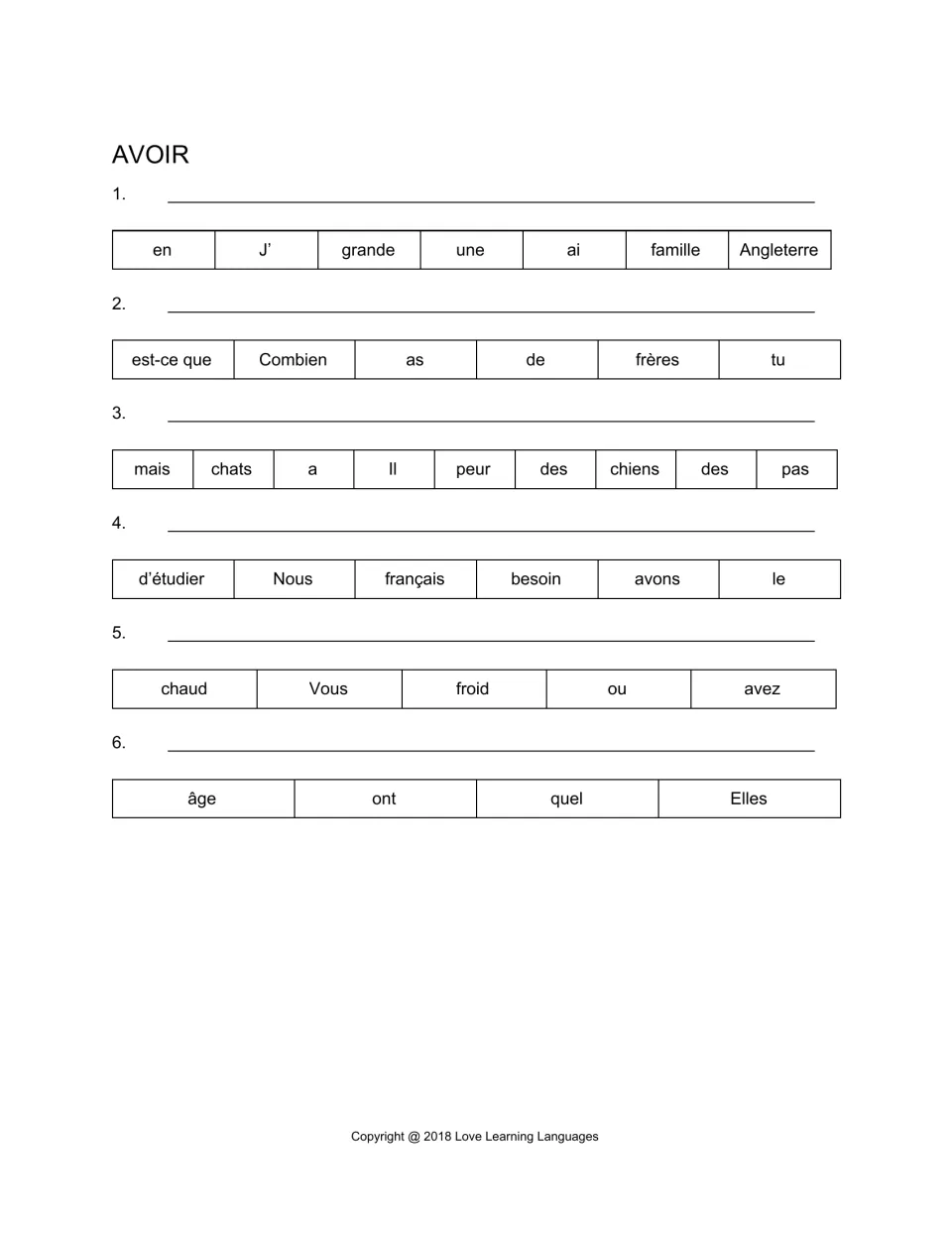 AVOIR scrambled sentences: students put word tiles in order to write six French sentences using ai, as, a, avons and ont