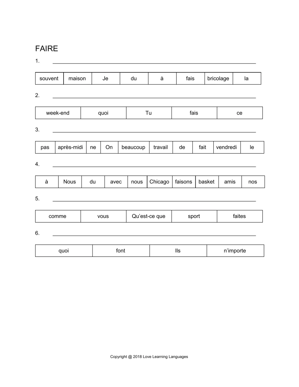 FAIRE scrambled sentences: students rebuild six French sentences from word tiles using fais, fait, faisons and font