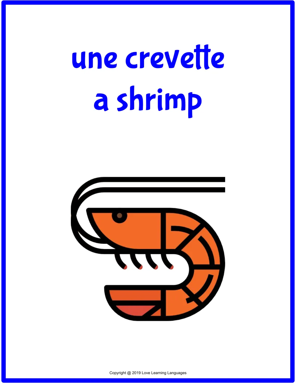 Full-page French-English flashcard: une crevette (a shrimp), with an orange shrimp picture