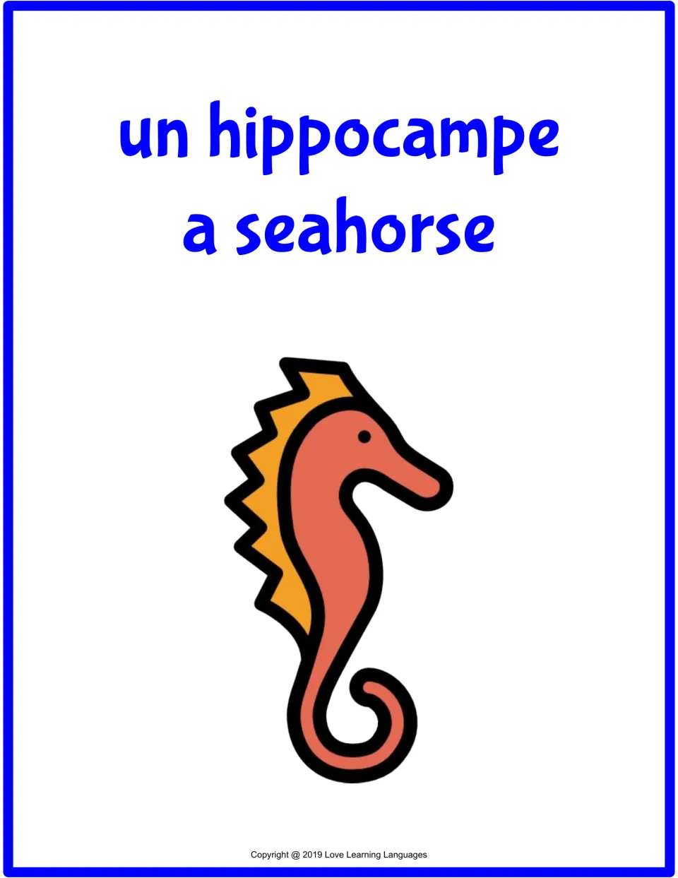 Full-page French-English flashcard: un hippocampe (a seahorse), with an orange seahorse picture