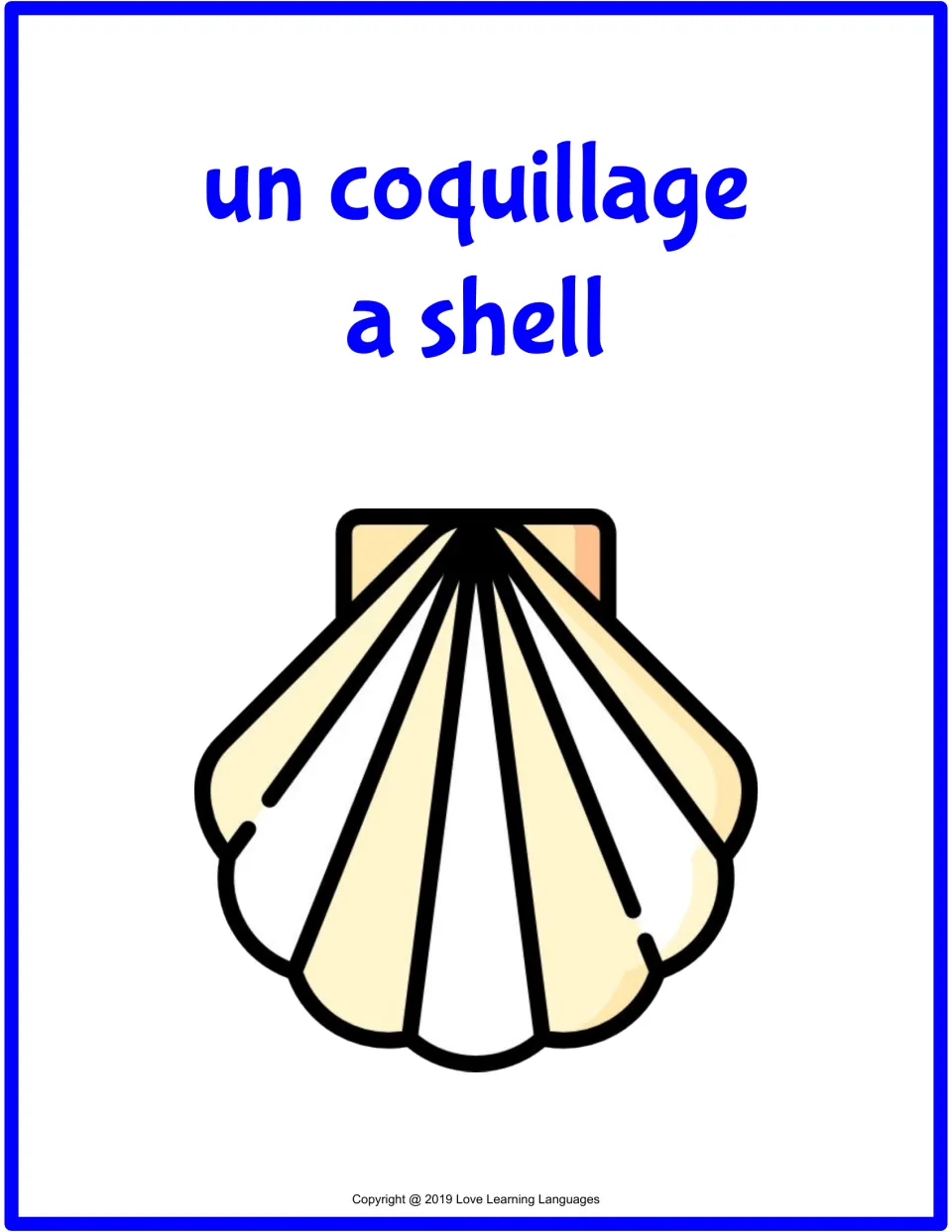 Full-page French-English flashcard: un coquillage (a shell), with a scallop shell picture