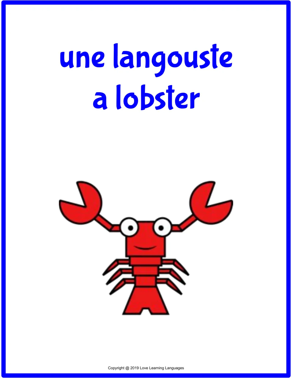 Full-page French-English flashcard: une langouste (a lobster), with a red lobster picture