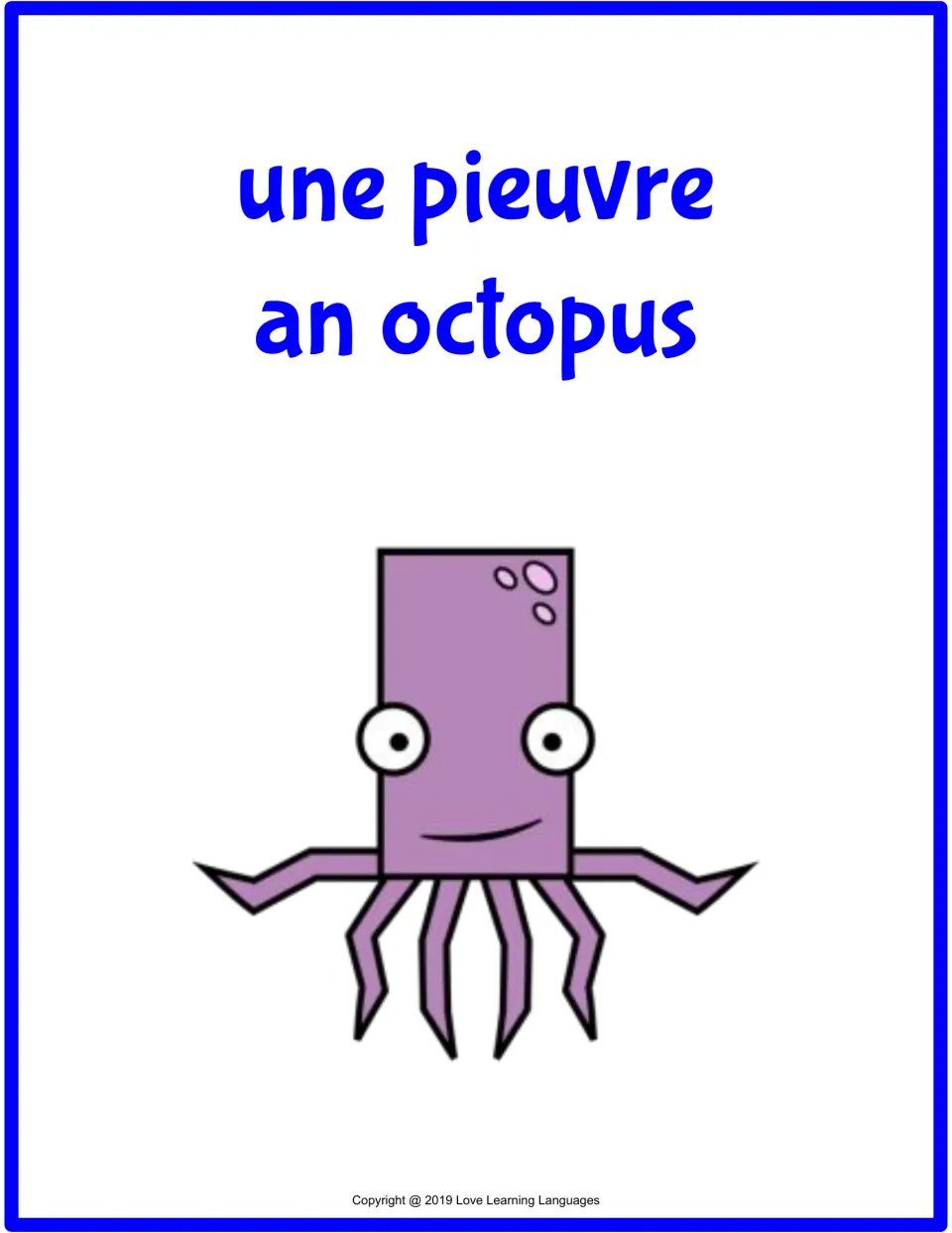 Full-page French-English flashcard: une pieuvre (an octopus), with a purple octopus picture