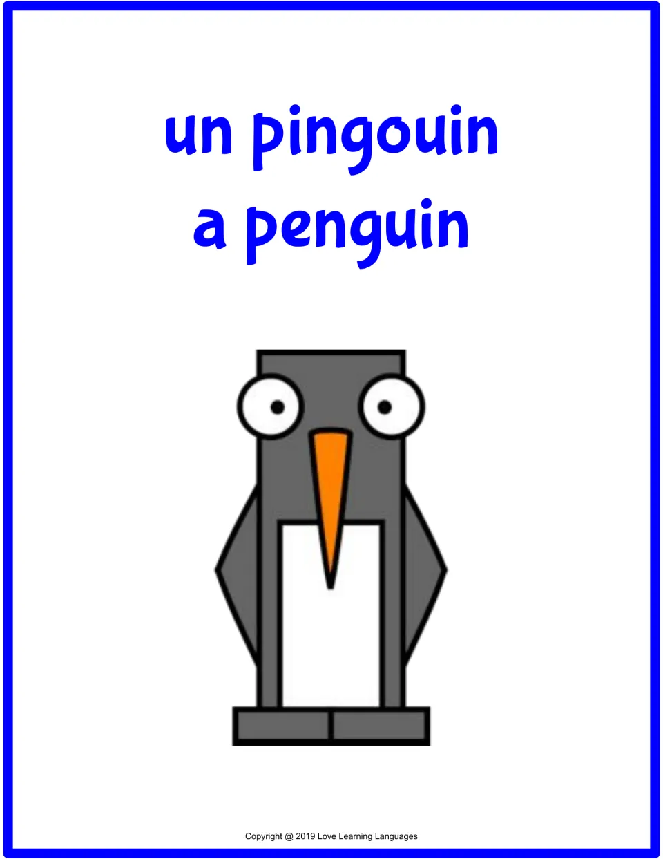 Full-page French-English flashcard: un pingouin (a penguin), with a gray penguin picture