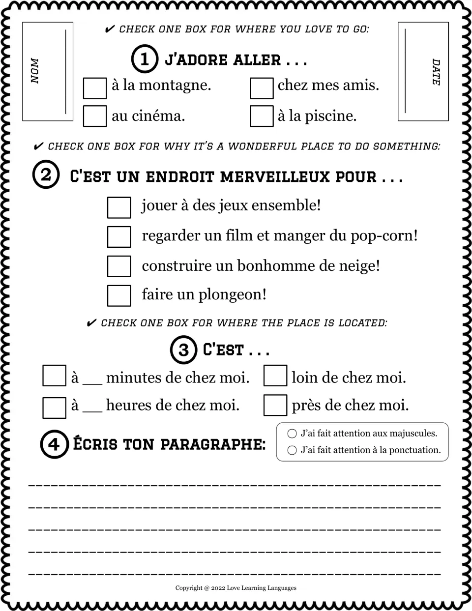 French sentence builder 1: J'adore aller (I love to go), with choices including the mountains and movies.