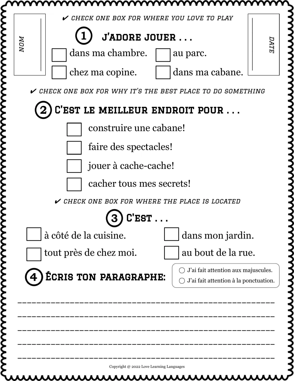 French sentence builder 2: J'adore jouer (I love to play), with choices including my bedroom and the park.