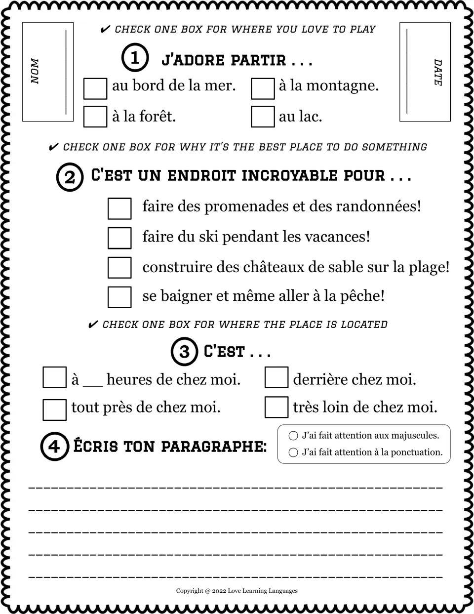 French sentence builder 3: J'adore partir (I love to leave), with seaside, mountain, forest, and lake choices.