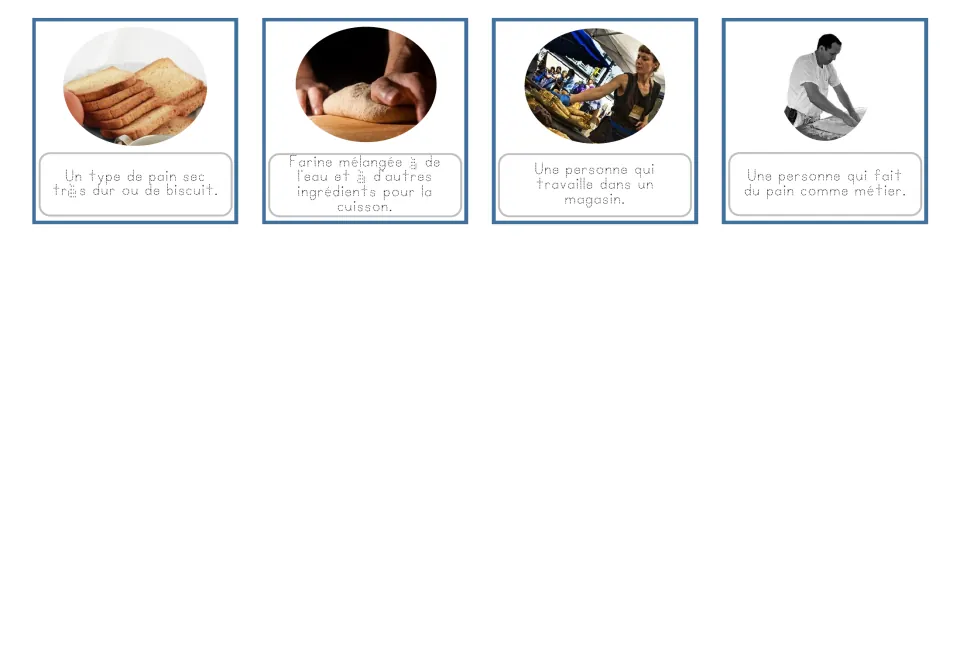 French bakery cards 13–16 show rusks, dough, a store worker and a baker with traceable definitions.