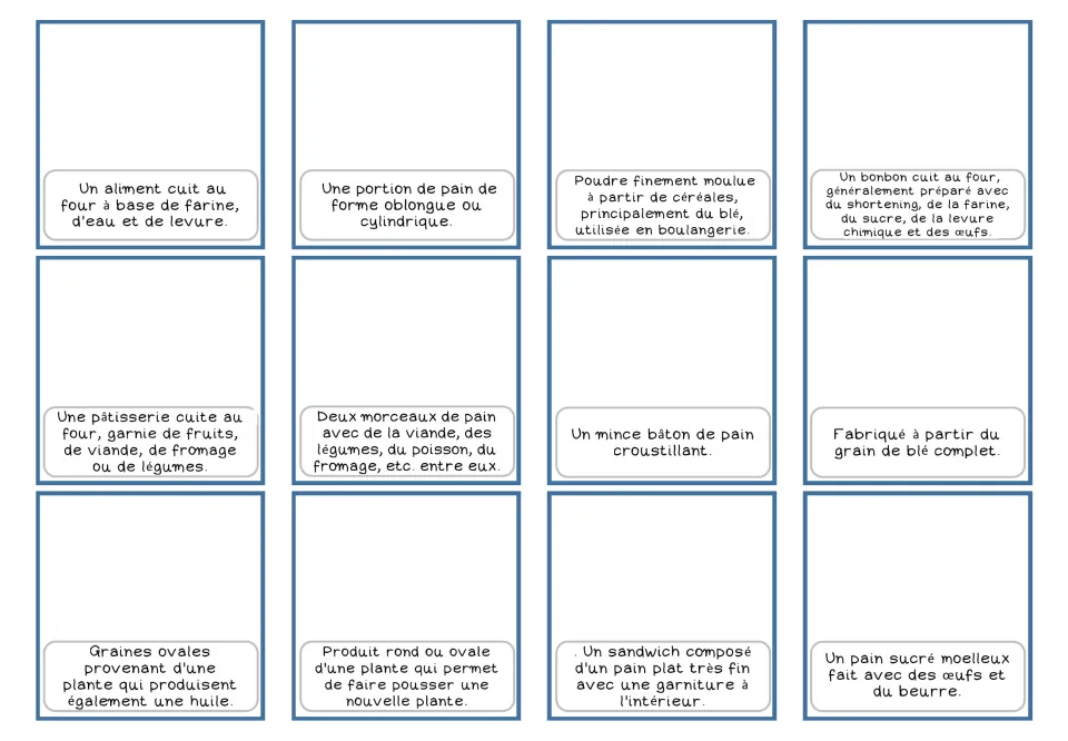 French bakery definition-only cards 1–12 describe bread, flour, cake, sandwiches, seeds and more.
