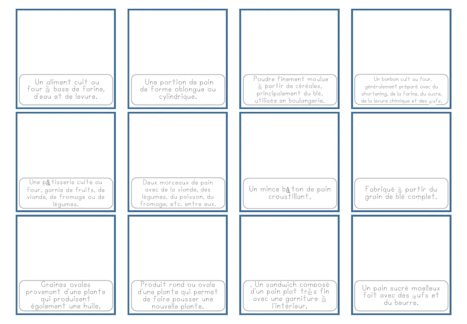 French bakery cards 1–12 have traceable definitions for bread, flour, cake and more, without pictures.