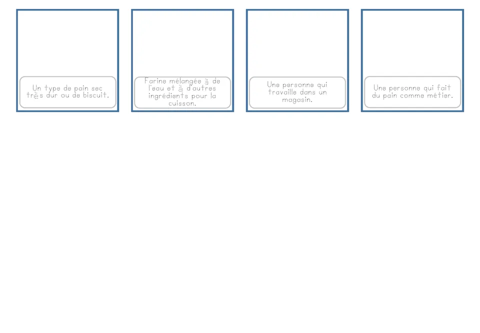 French bakery cards 13–16 have traceable definitions for rusks, dough, a store worker and a baker.