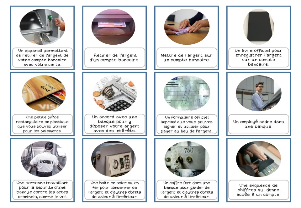 French banking cards 1–12 pair pictures with definitions of an ATM, withdrawals, deposits and nine more.