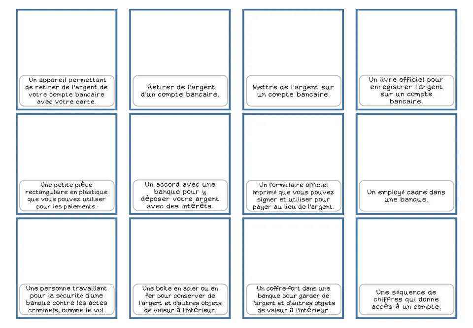 French banking definition-only cards 1–12 describe an ATM, withdrawing money, depositing money and nine more.