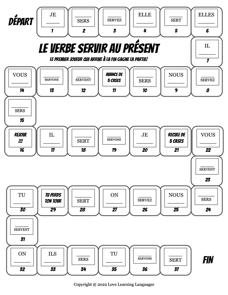 French Servir Conjugation – Present Tense Board Game – cover