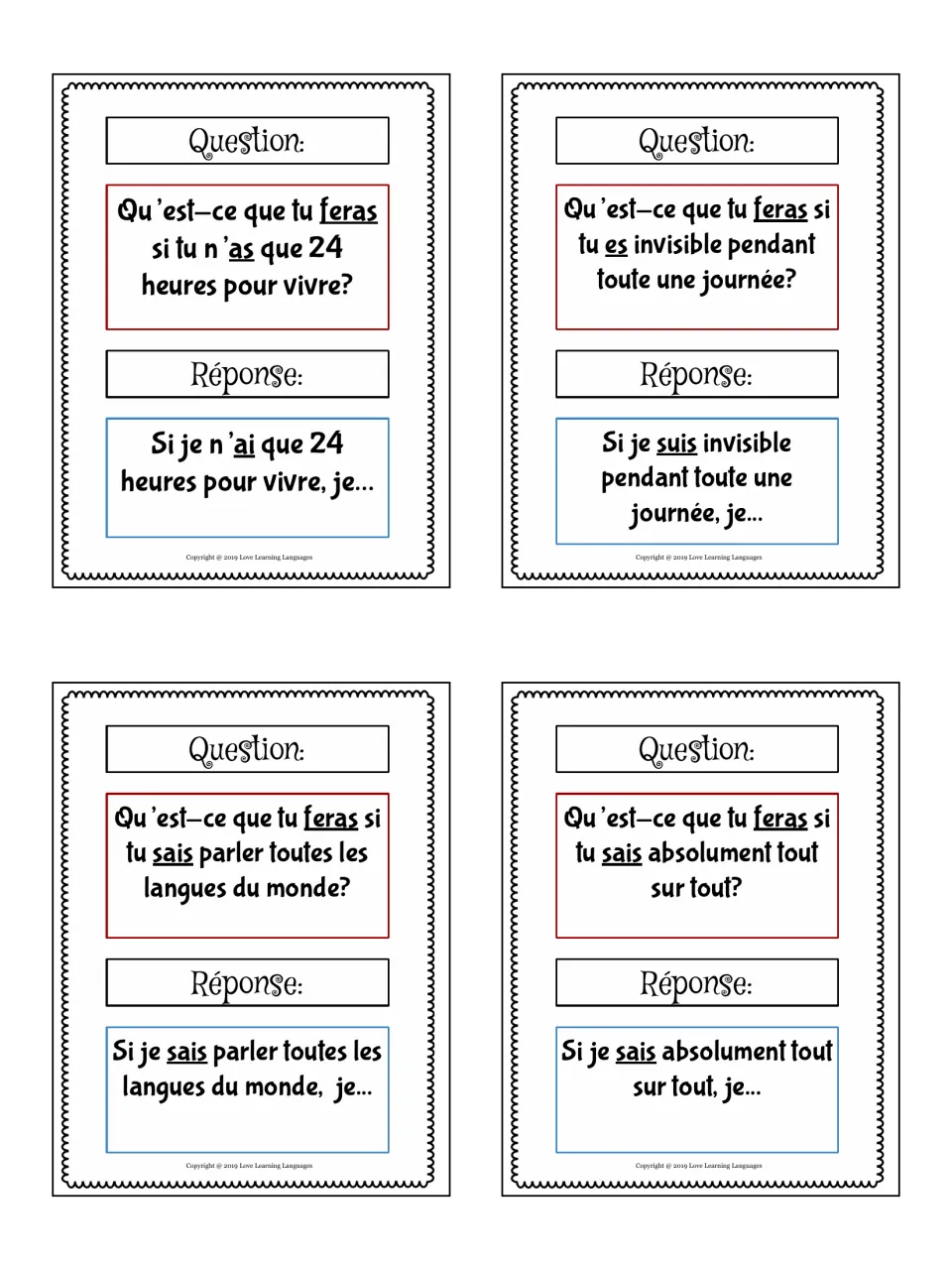Four French si clause cards: finish 'Si je…, je…' for 24 hours to live, invisibility, all languages, knowing everything