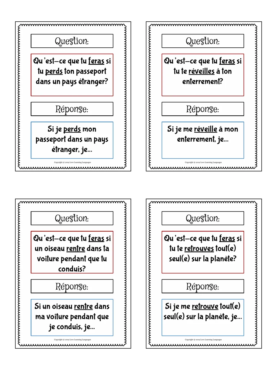 Si-clause cards: students react to a lost passport abroad, waking at their funeral, a bird in the car, being alone on Earth