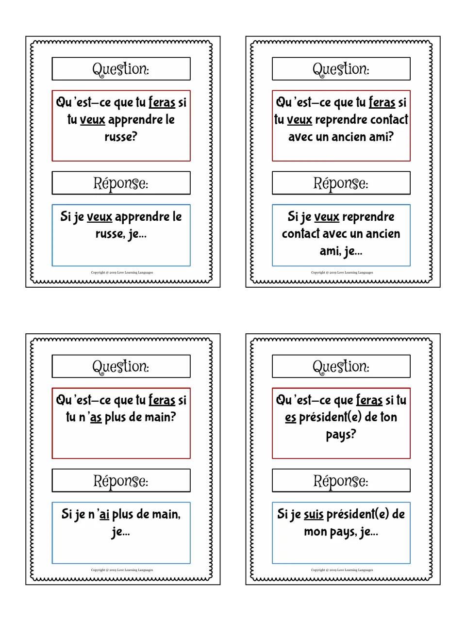 Response cards: finish 'Si je…' for learning Russian, reconnecting with an old friend, losing a hand, being president