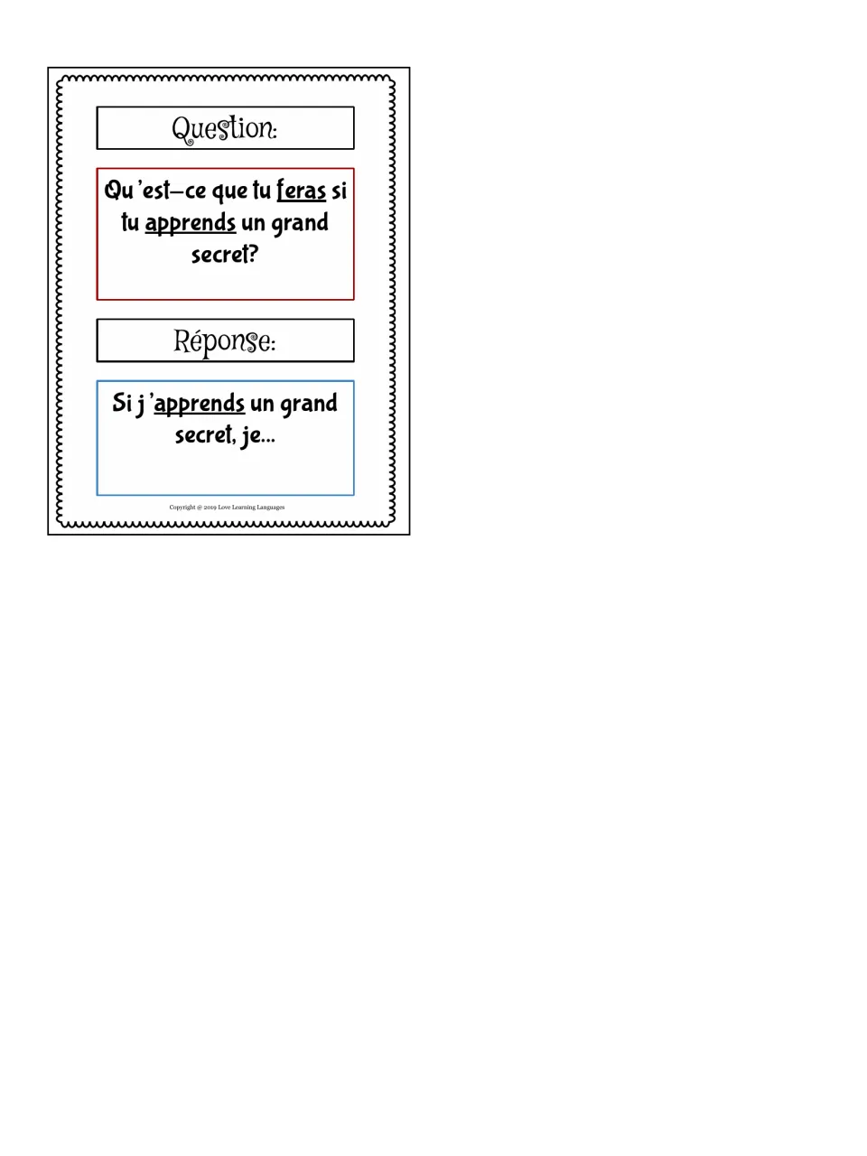 Final 25th card: students finish 'Si j'apprends un grand secret, je…' with a future-tense result