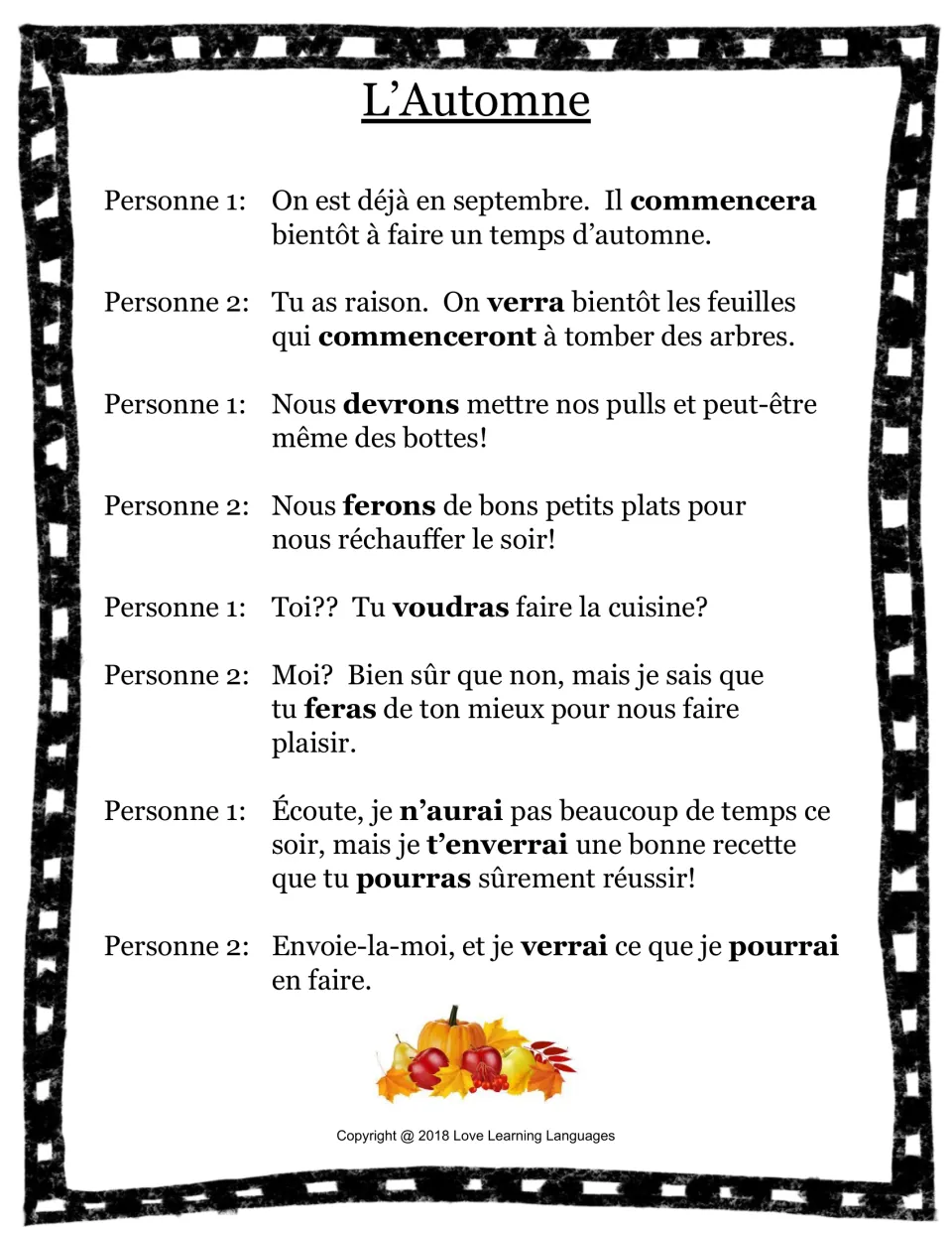 French dialogue on l’automne (autumn): two speakers discuss weather and cooking, with future-tense verbs in bold.