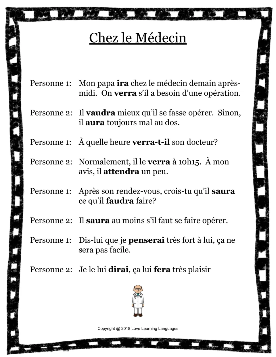 Chez le Médecin: students read a French dialogue about a dad's doctor visit with bold futur simple verbs like ira, verra