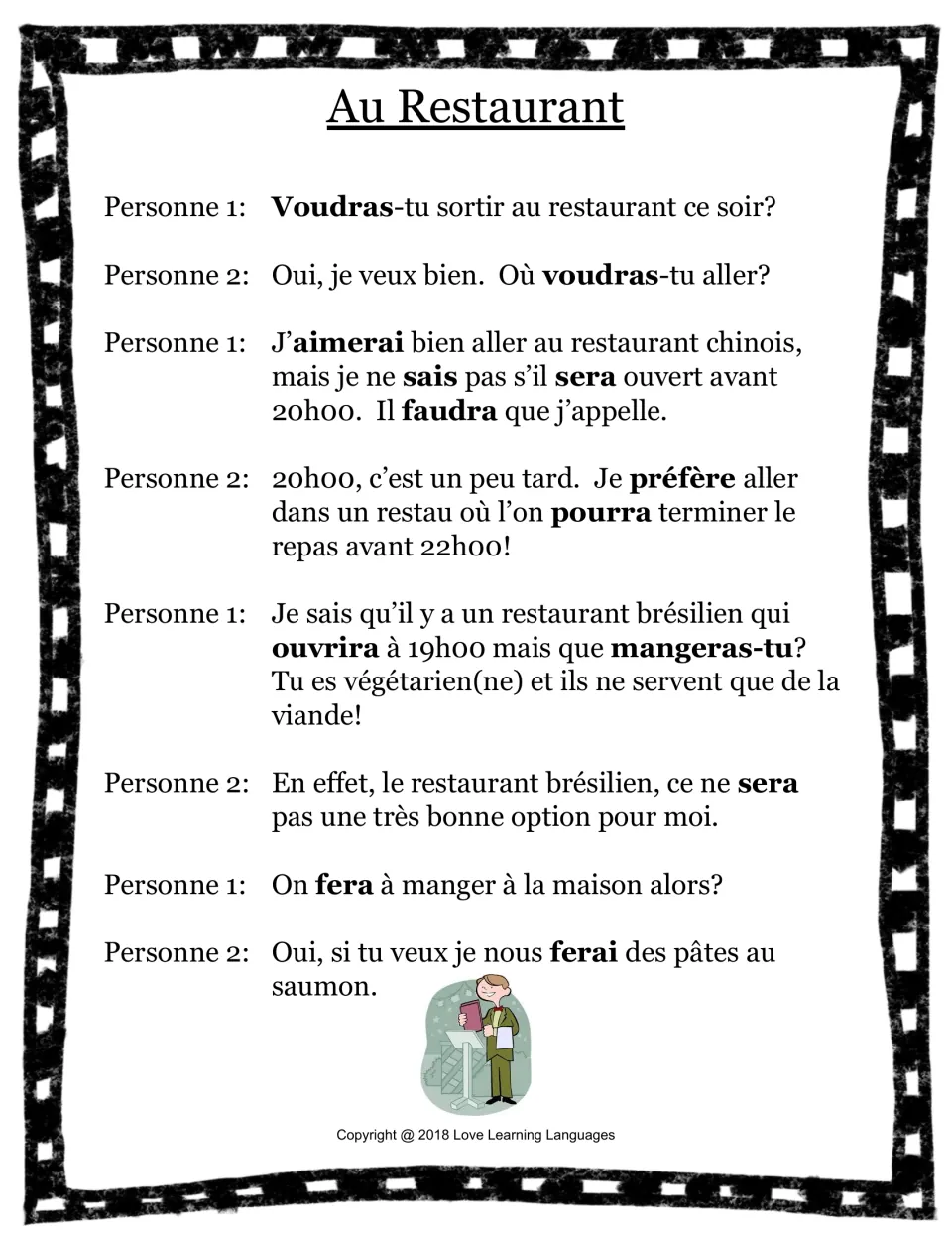 French restaurant skit dialogue: two speakers discuss dining out, then decide to make salmon pasta at home.