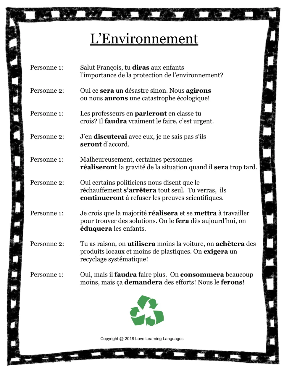 French skit dialogue about the environment, with bold future-tense verbs: diras (will say) and agirons (will act)