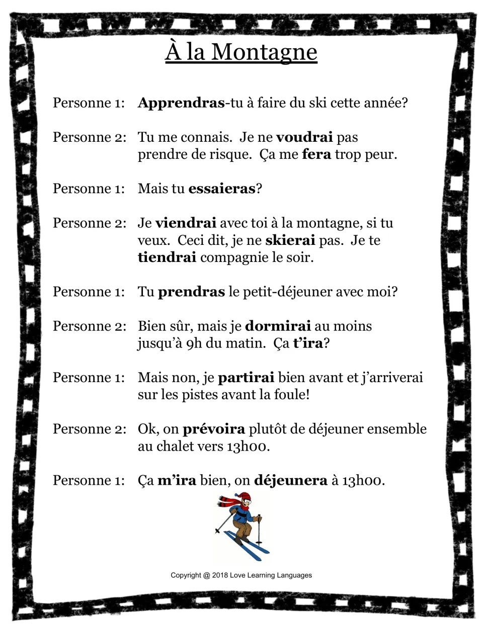 French skit 'À la Montagne' (At the Mountain): two-person ski trip dialogue with futur simple verbs in bold