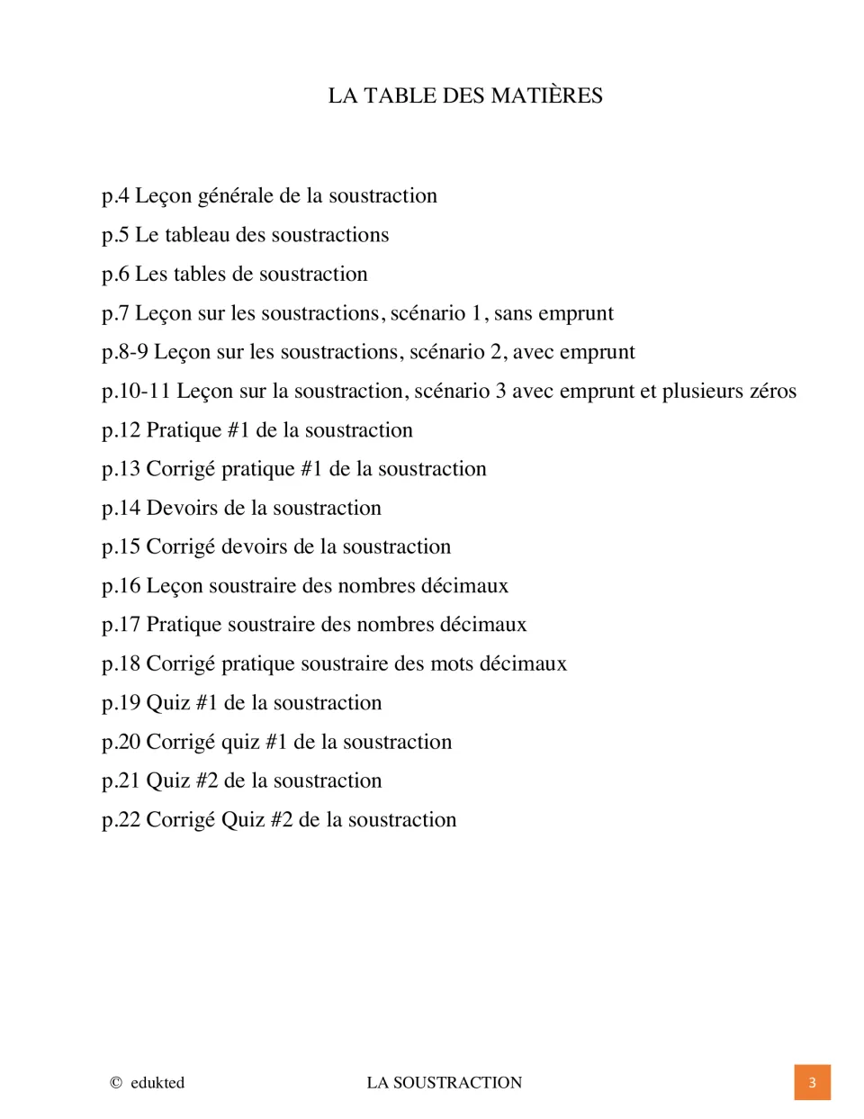 Contents for the French subtraction packet list lessons, fact tables, practice, homework, quizzes, and keys