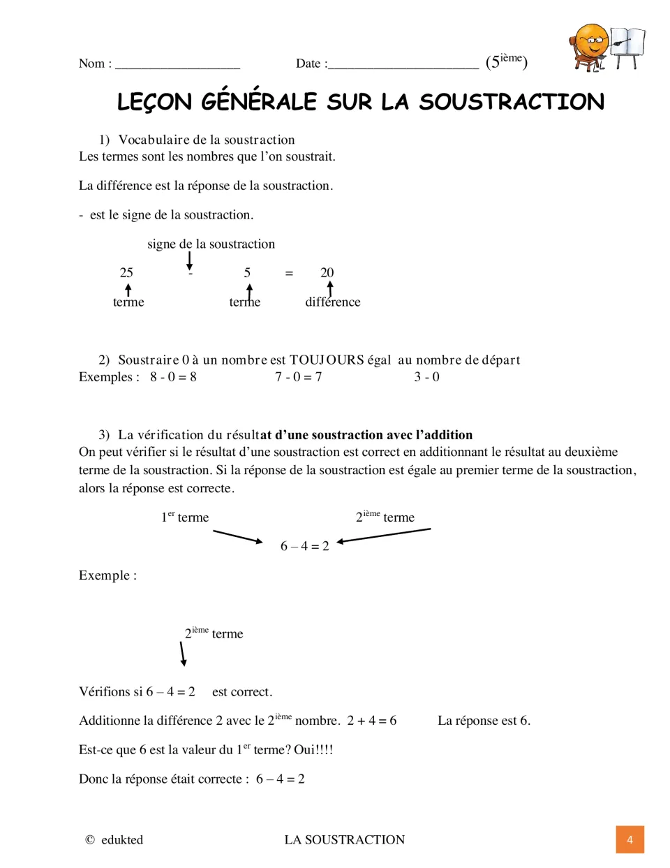 General subtraction lesson in French defines terms and difference, explains subtracting zero, and checks with addition