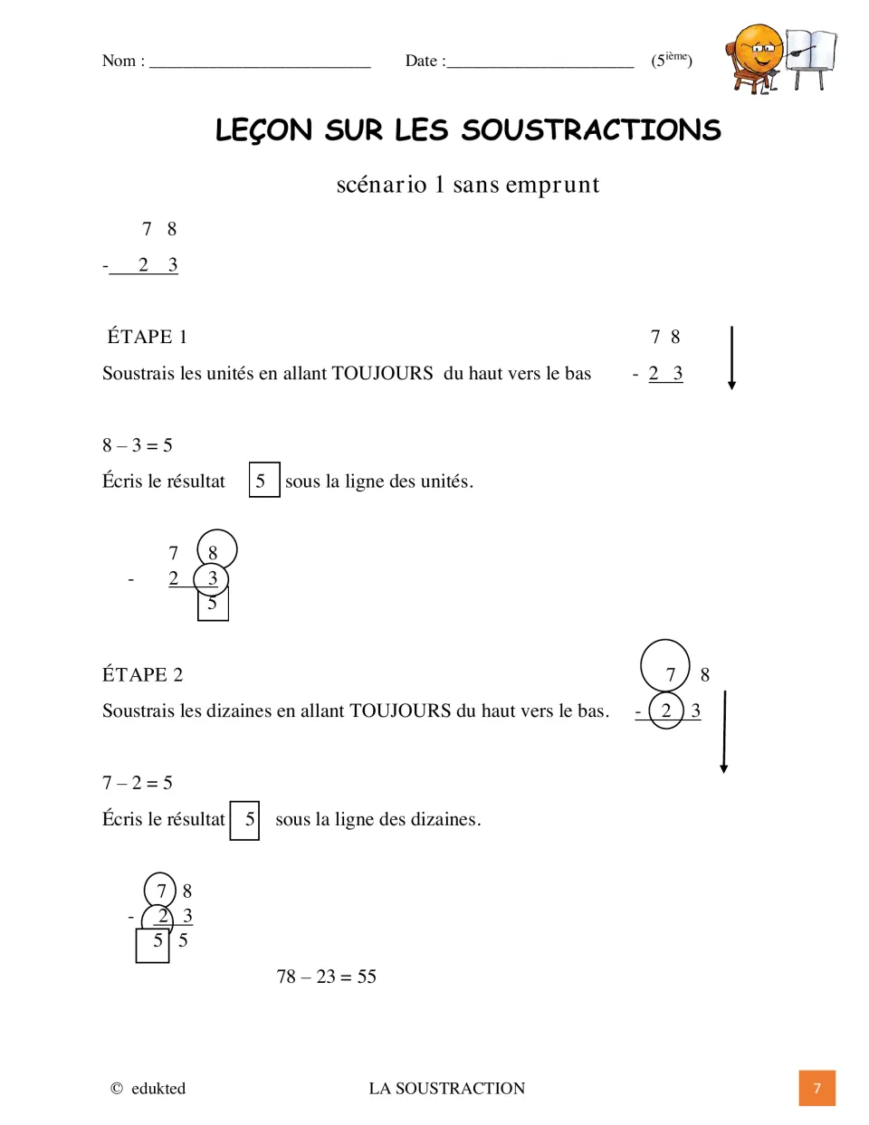 French subtraction lesson models 78 − 23 = 55 without regrouping, subtracting the ones and then the tens
