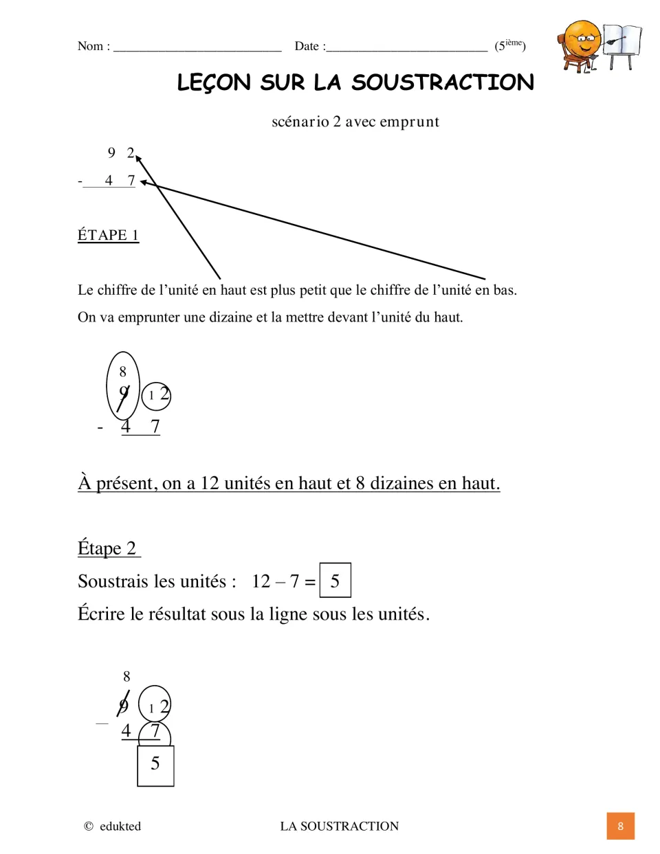 French regrouping lesson begins 92 − 47 by trading one ten for 10 ones, then subtracting 12 − 7 = 5