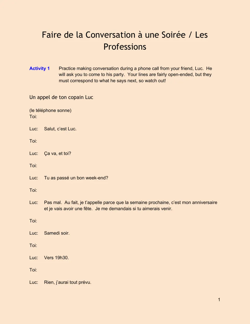 French conversation Activity 1: complete a phone dialogue with Luc about his birthday party and invitation.