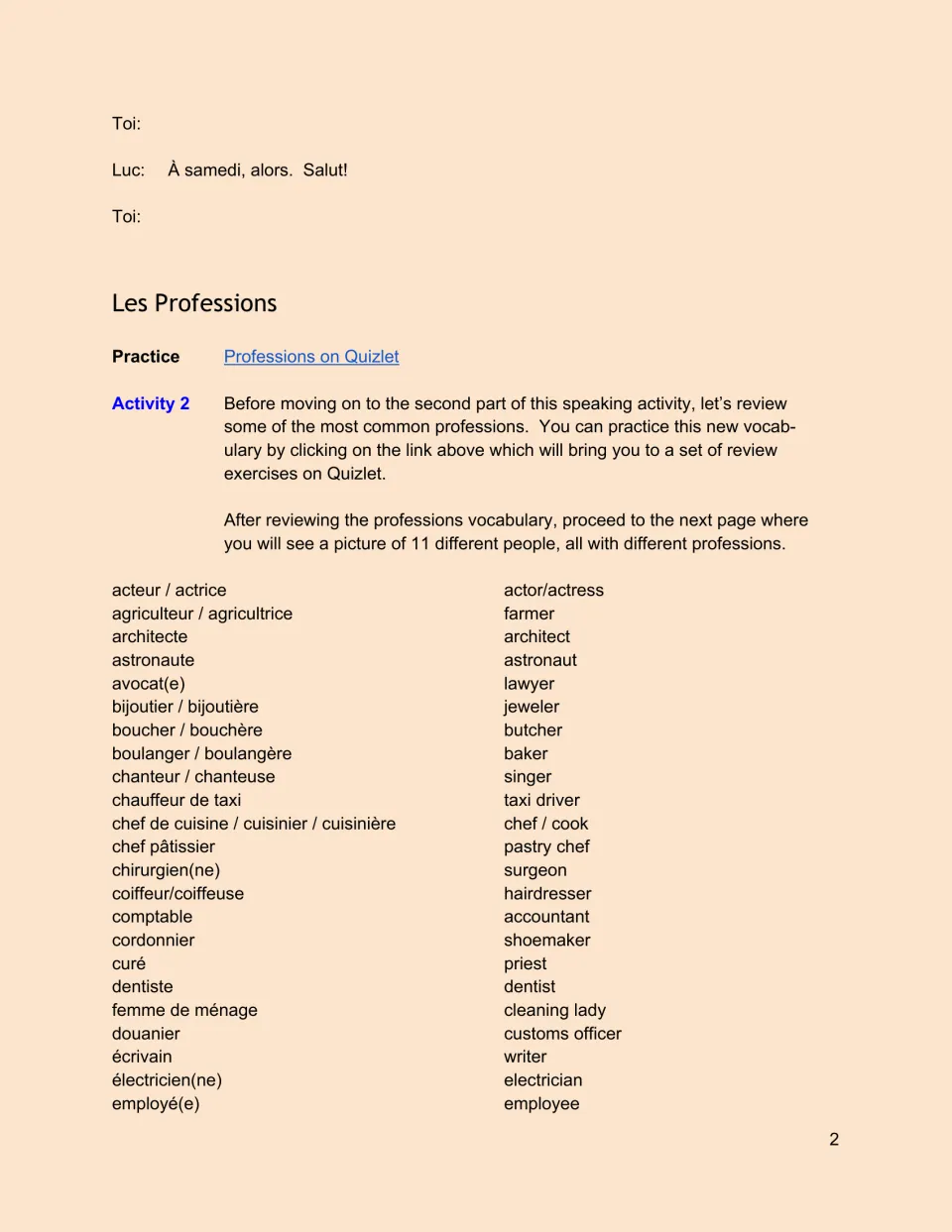 French dialogue ending and Activity 2 vocabulary: acteur (actor), architecte (architect) and other jobs.