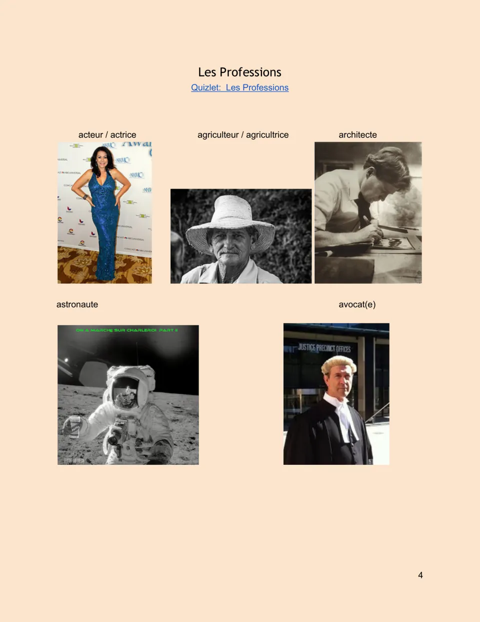 French professions photo sheet: acteur / actrice (actor/actress), farmer, architect, astronaut and lawyer.