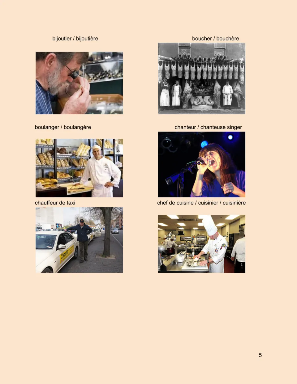 French professions photo sheet: bijoutier (jeweler), butcher, baker, singer, taxi driver and chef.