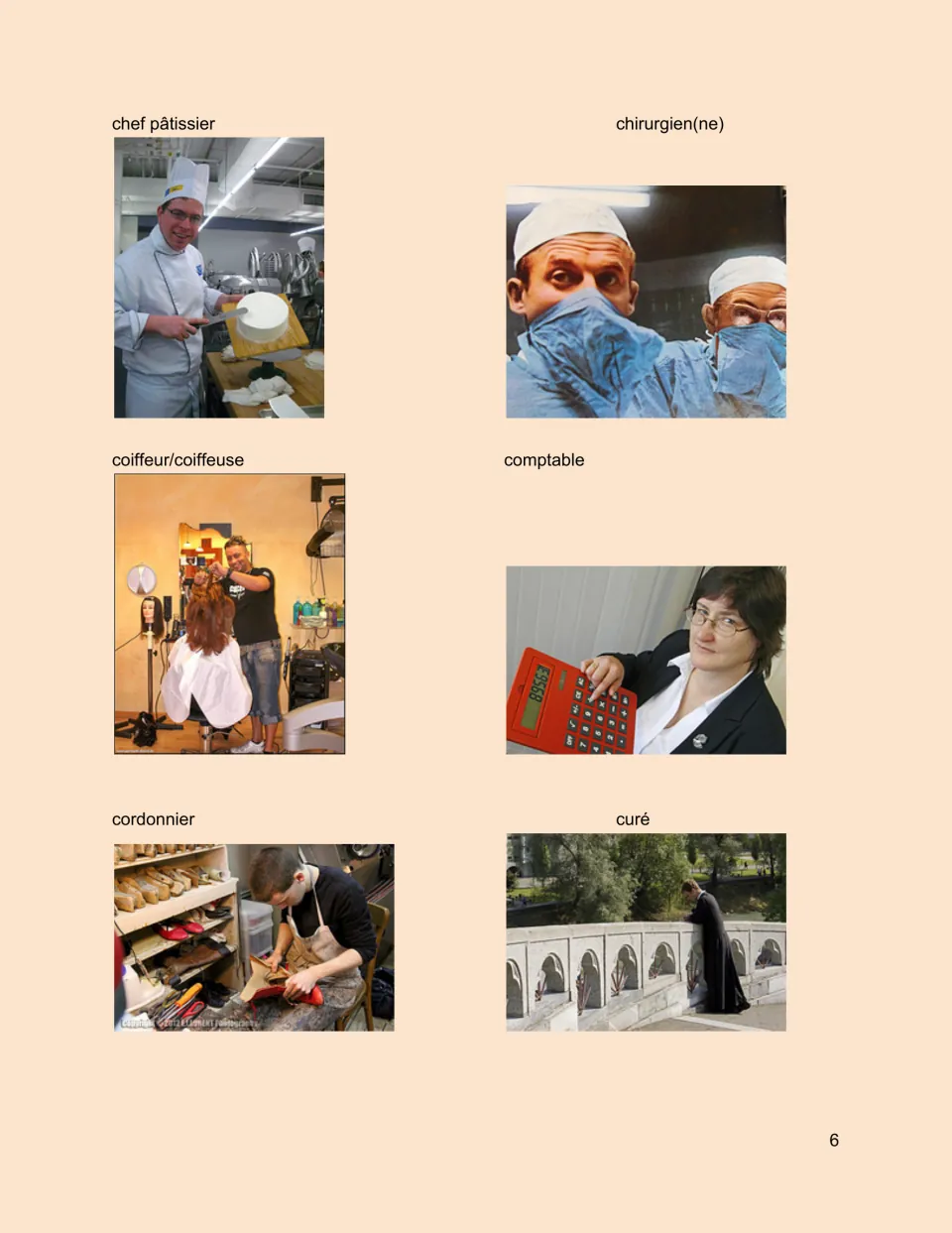 French professions photo sheet: chef pâtissier (pastry chef), surgeon, hairdresser, accountant and two more.
