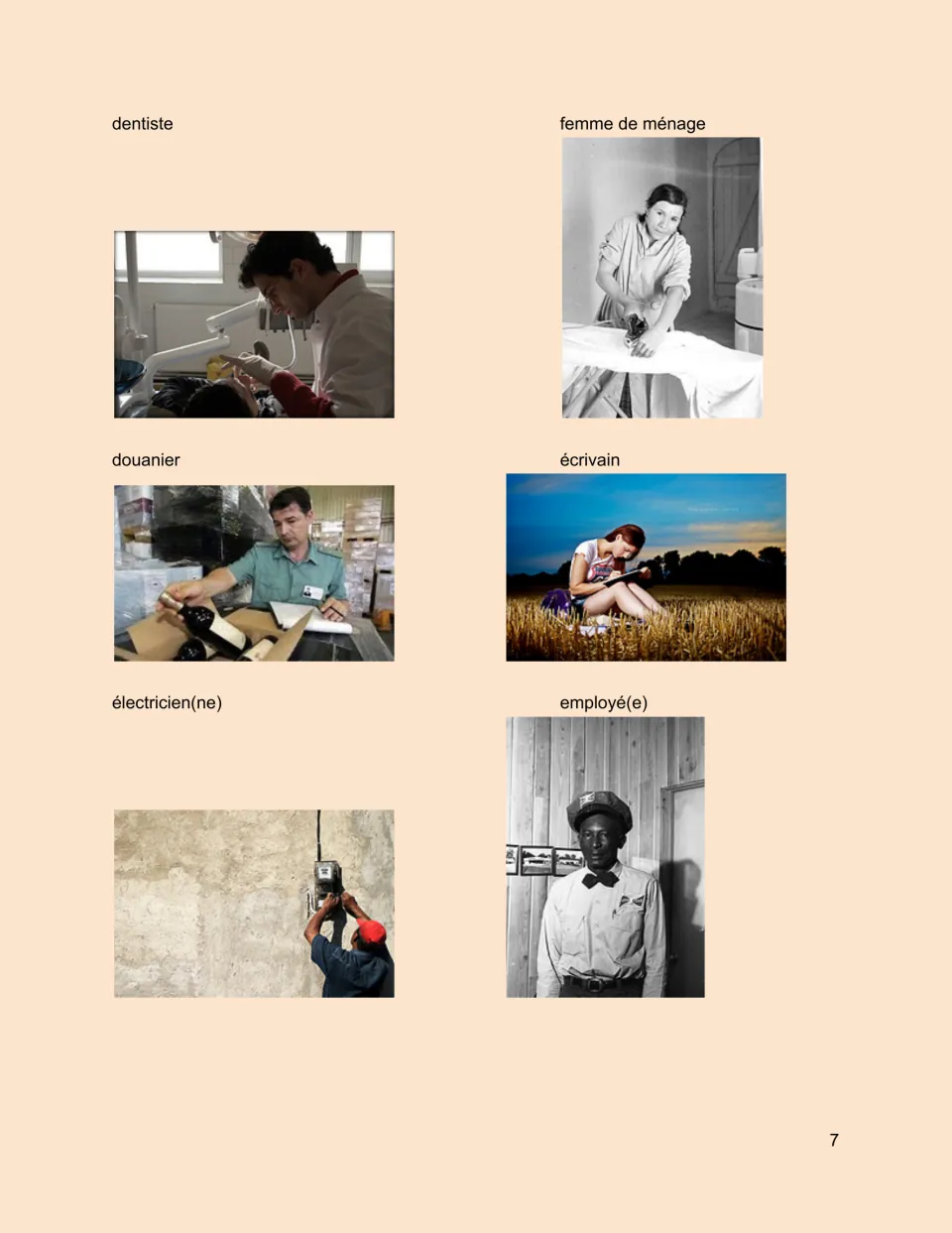 French professions photo sheet: dentiste (dentist), cleaner, customs officer, writer, electrician and employee.
