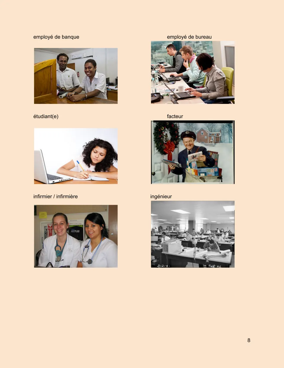French professions photo sheet: employé de banque (bank clerk), office worker, student, mail carrier and two more.
