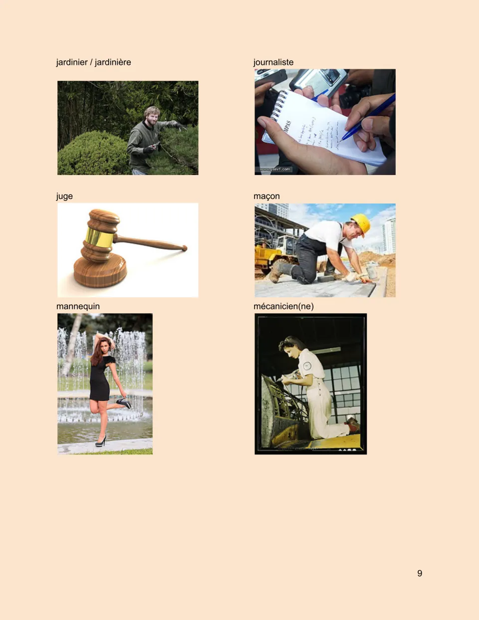 French professions photo sheet: jardinier (gardener), journalist, judge, builder, model and mechanic.