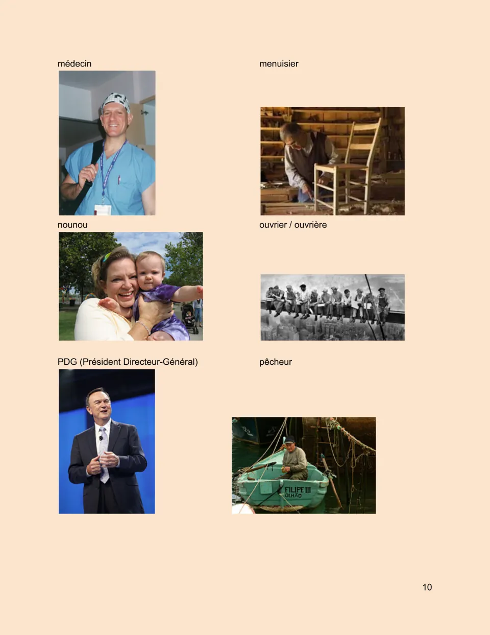 French professions photo sheet: médecin (doctor), carpenter, nanny, laborer, CEO and fisherman.