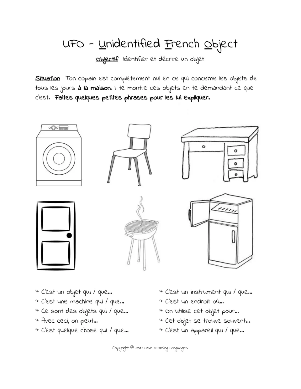 Household objects in French: students describe a washer, chair, desk, door, grill and fridge using C'est un objet qui...