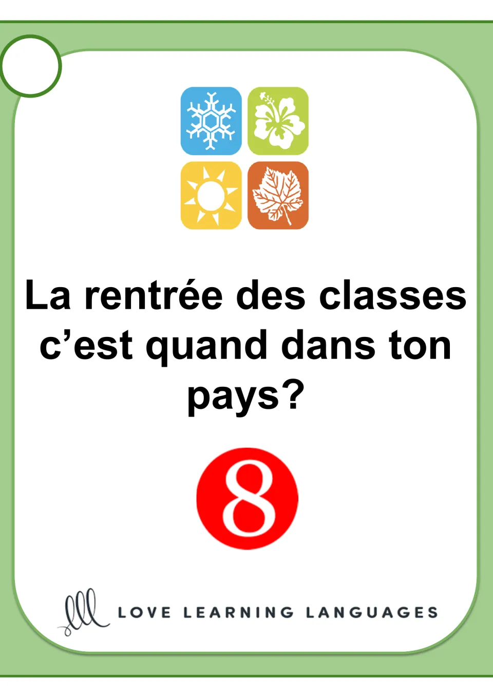 French speaking card 8 asks when 'la rentrée des classes' (the start of the school year) is in your country.