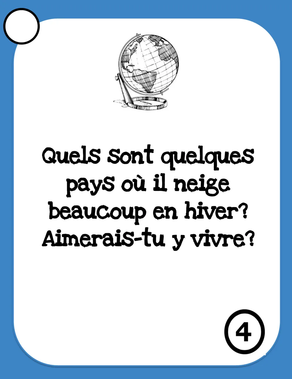 Card 4: Which countries get lots of snow in winter ('il neige beaucoup en hiver')? Would you like to live there?