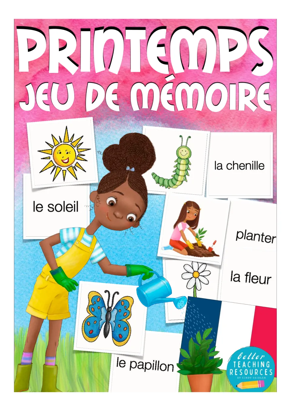 French spring memory game cover showing sample pairs for le soleil (sun) and la chenille (caterpillar).