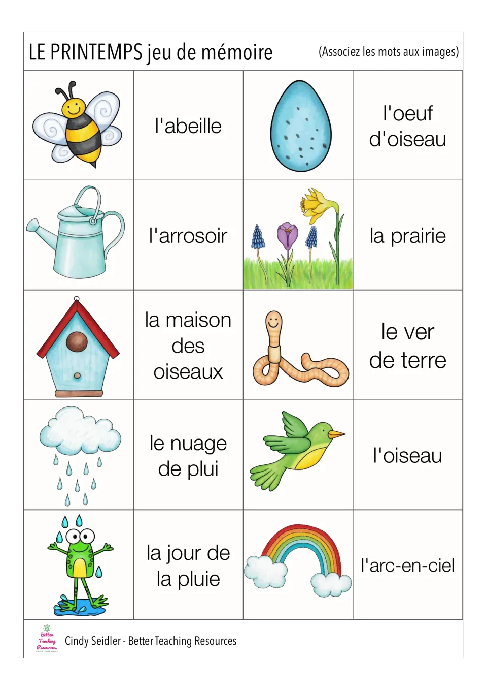 French memory game pairs 1–10: l'abeille (bee), l'arrosoir (watering can), l'oiseau (bird) and seven more.