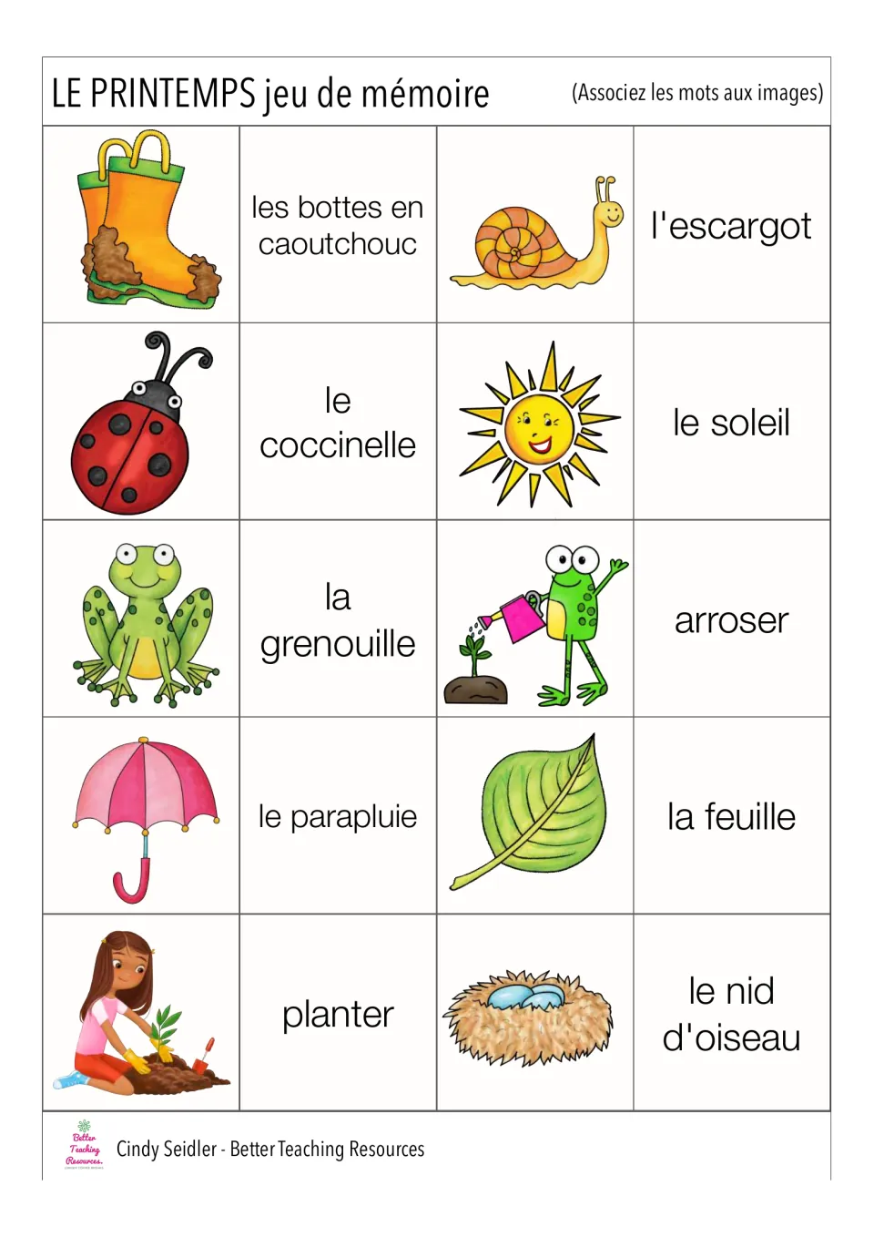 French memory game pairs 11–20: l'escargot (snail), le soleil (sun), la grenouille (frog) and seven more.