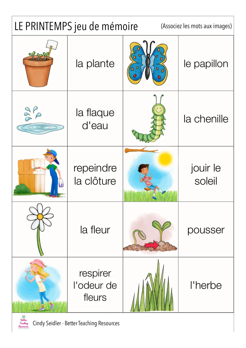 French memory game pairs 21–30: la plante (plant), le papillon (butterfly), la fleur (flower) and seven more.