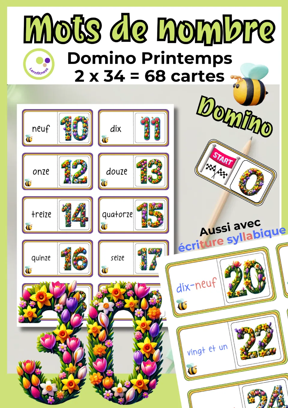 Cover of the French number domino game showing sample cards and announcing two sets of 34 cards