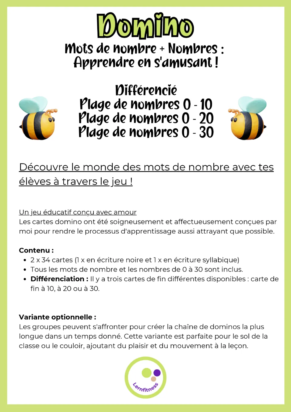 French domino game overview listing two 34-card sets, number ranges 0–10, 0–20, 0–30, and a chain challenge