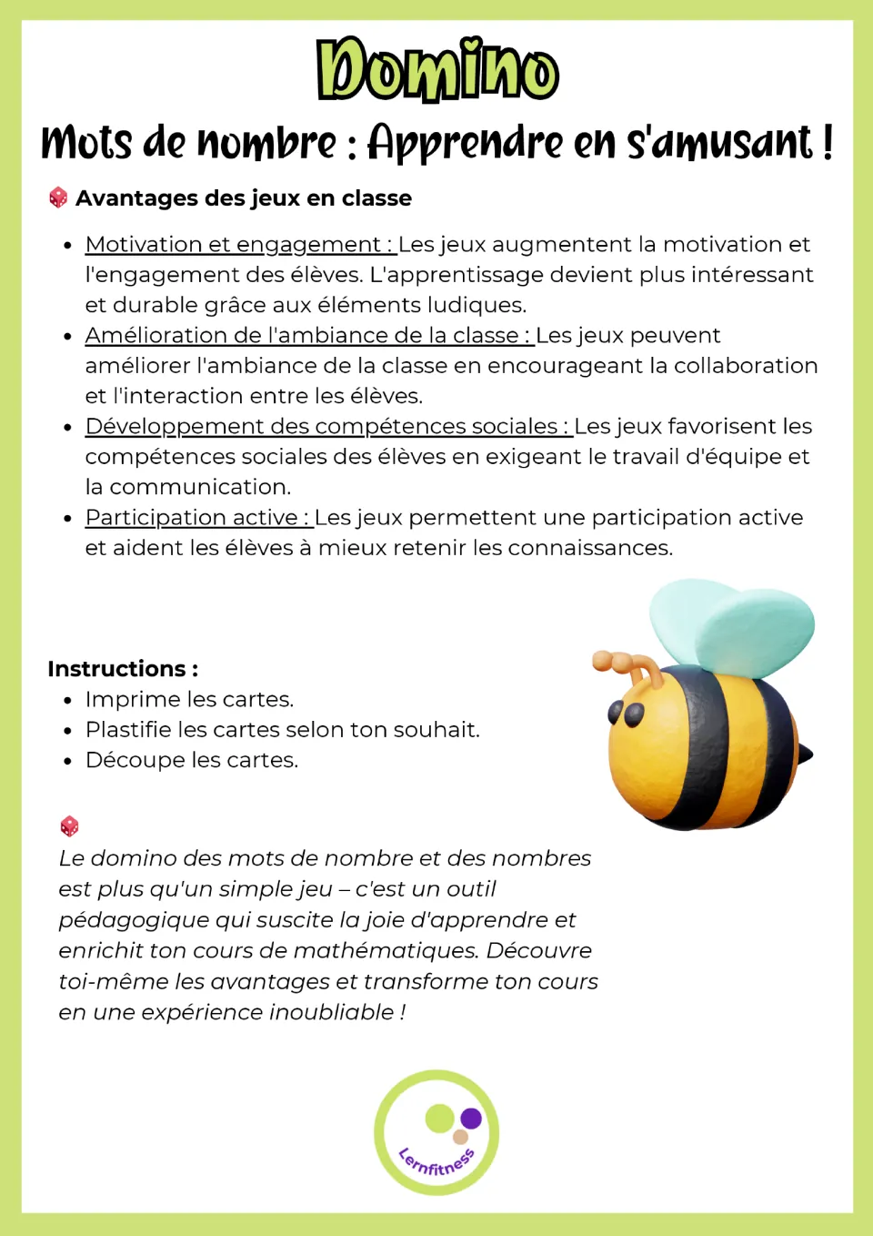 French domino preparation guide: print, optionally laminate, and cut cards; classroom game benefits follow